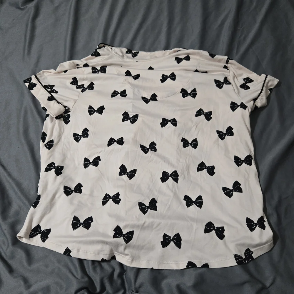 Kate Spade New York Womens Pajama Shirt Top XL Short Sleeve Bows cream Black